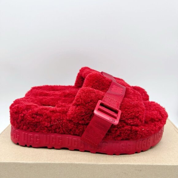 Ugg Fluffita Platform Sheepskin Slides Slippers Ribbon Red Womens US 8 - NEW - Picture 3 of 10